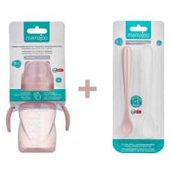 Anti-Kolik Anti-Leck Lernbecher 270 ml & Set mit 2 ergonomischen Löffeln zur Babynahrung - Powder Pink - 2