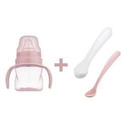Antikolik Akıtmaz Alıştırma Bardağı 160 ml & İkili Ergonmik Beslenme Kaşığı - Powder Pink - Mamajoo