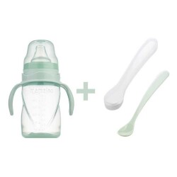Antikolik Anti-Leck Trainingsbecher 270 ml & Set mit 2 ergonomischen Löffeln für die Ernährung - Powder Green - 1