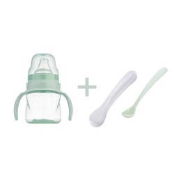 Antikolik Akıtmaz Alıştırma Bardağı 160 ml & İkili Ergonmik Beslenme Kaşığı - Powder Green - Mamajoo