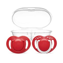 Kieferorthopädisches Schnuller-Set 12 Monate+ Rot & Weiß | Zweier-Set, Silikon, mit Gaumenform | Geschenk: Sterilisations- & Aufbewahrungsbox 