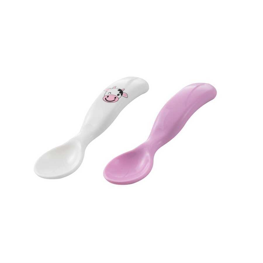 Ergonomisches Löffel-Set für die Babynahrung Pink & Kuh, ab 6 Monaten, 2-teilig - Mamajoo